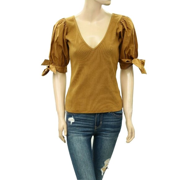 Maeve Anthropologie Puff-Sleeved Blouse Top Ribbed Tie Cuff Gold S NWT 283434 - Picture 3 of 7